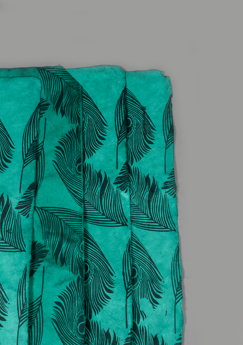 Peacock Feather Printed Green Lokta Paper Gift Wrap
