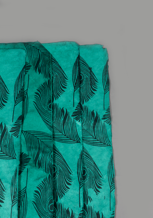 Peacock Feather Printed Green Lokta Paper Gift Wrap