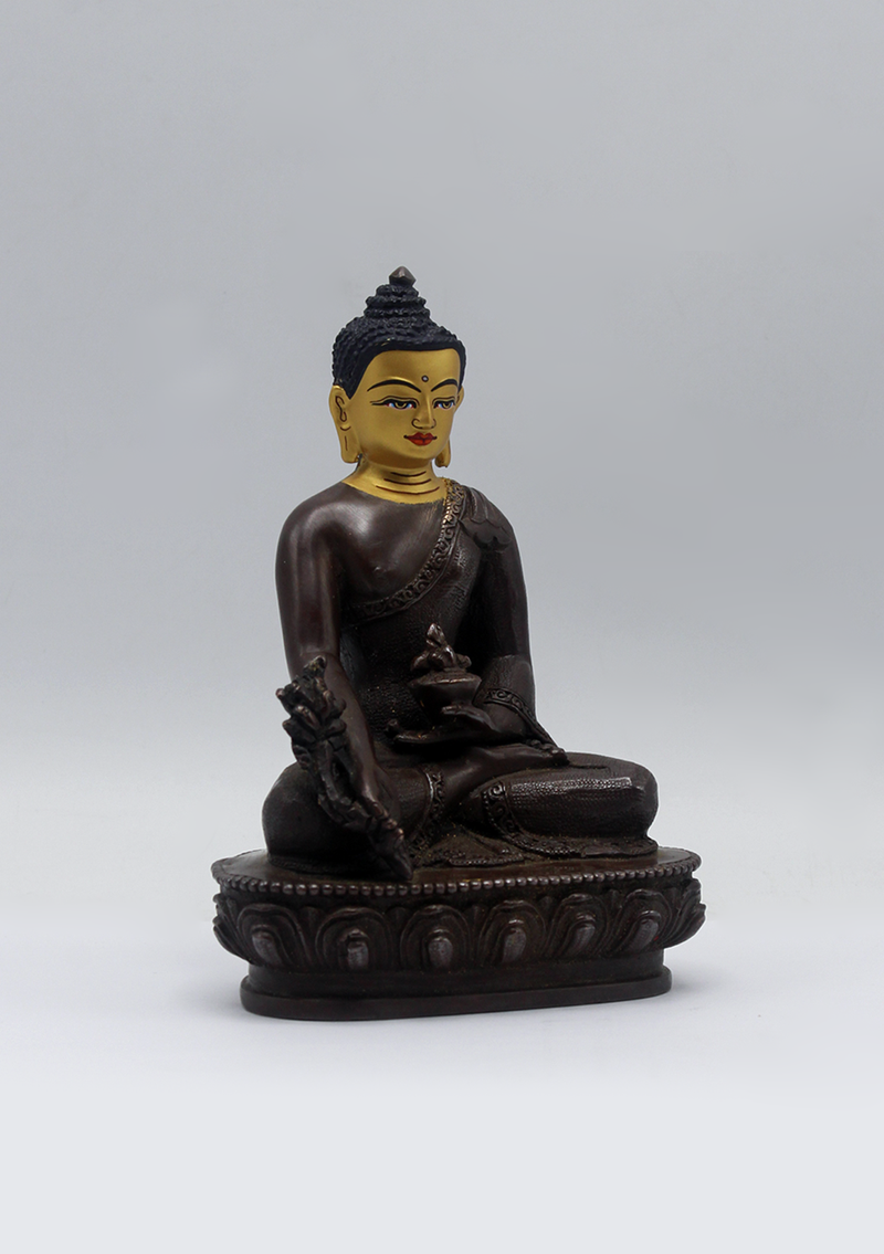 Gold Face Painted Copper Medicine Buddha Statue 5.5"H