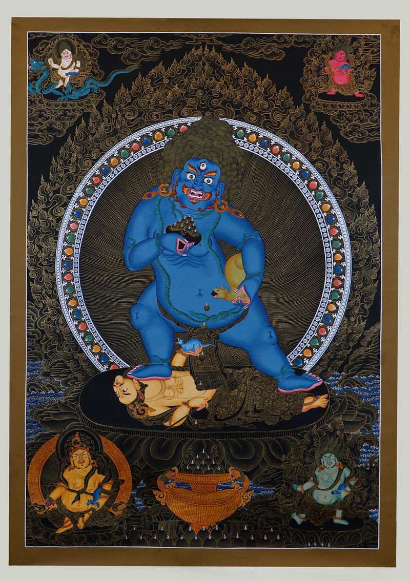 Five Dzambalas – Deities of Prosperity in Black & Gold Thangka