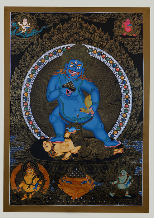 Five Dzambalas – Deities of Prosperity in Black & Gold Thangka