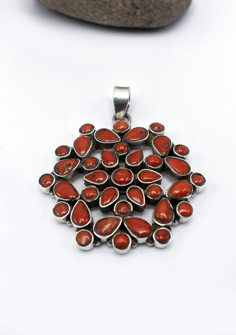 Multistone Coral  Flower  Silver Sterling Pendant