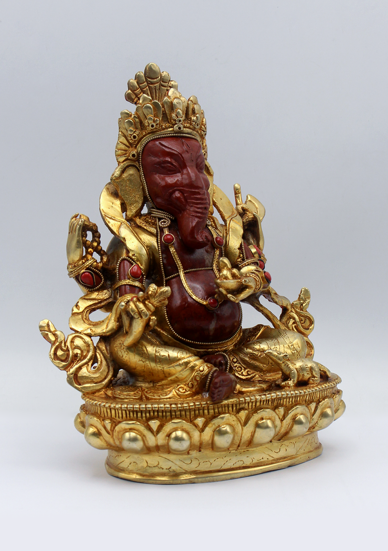 Coral  Jasper Gold Plated Ganesha Statue 8"H