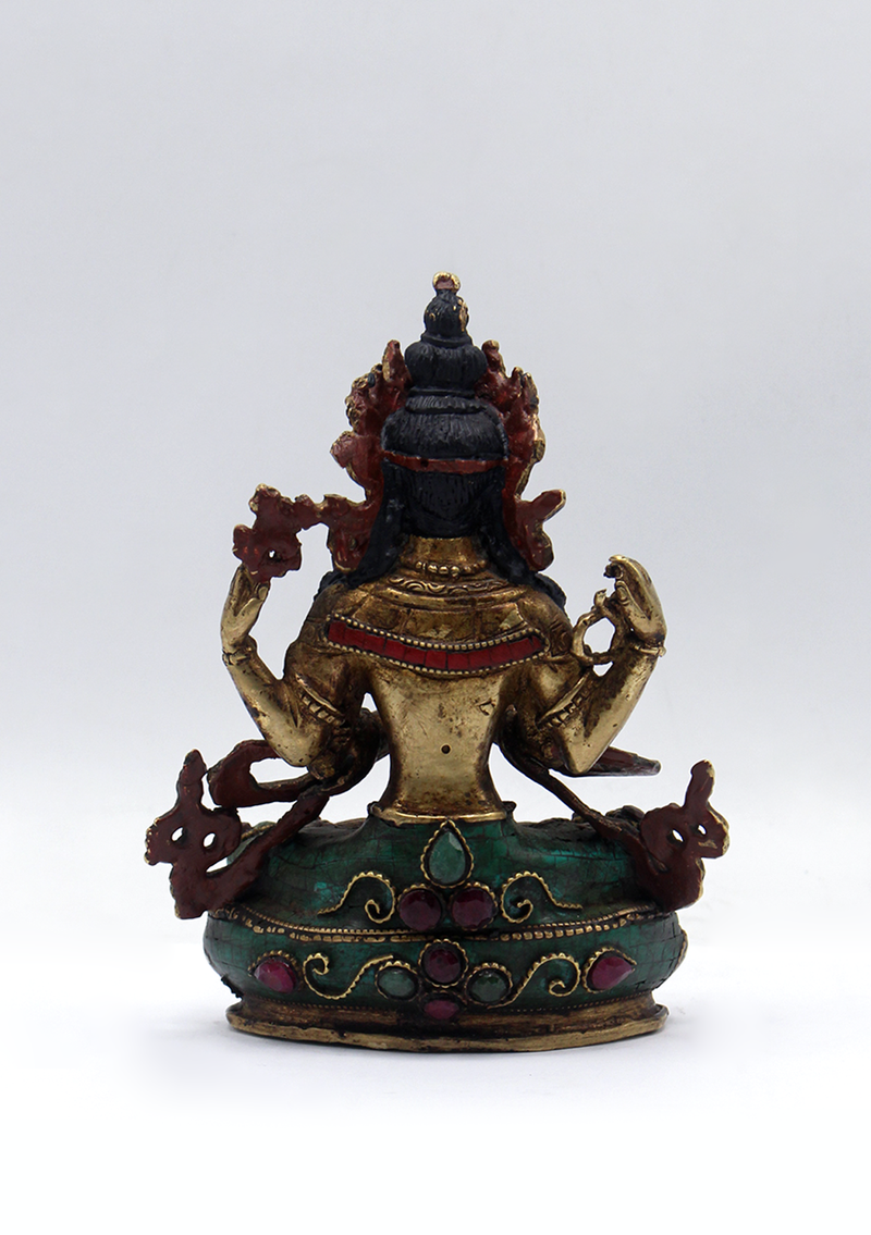 Stone Inlaid Copper Chenrezig Statue 5.5"H