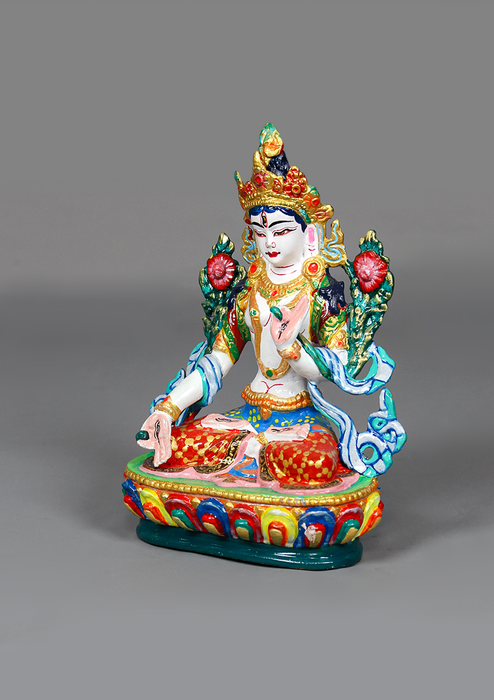Handpainted White Tara Copper Statue 6" H