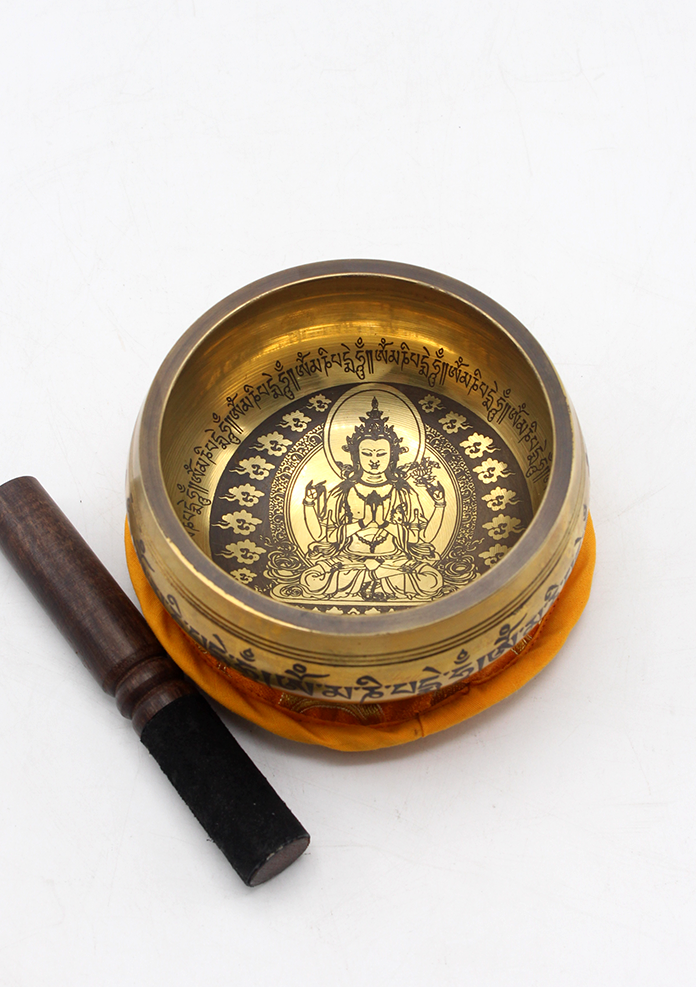 Chenrezig Painted Singing Bowl Set with Silk Brocade Gift Box