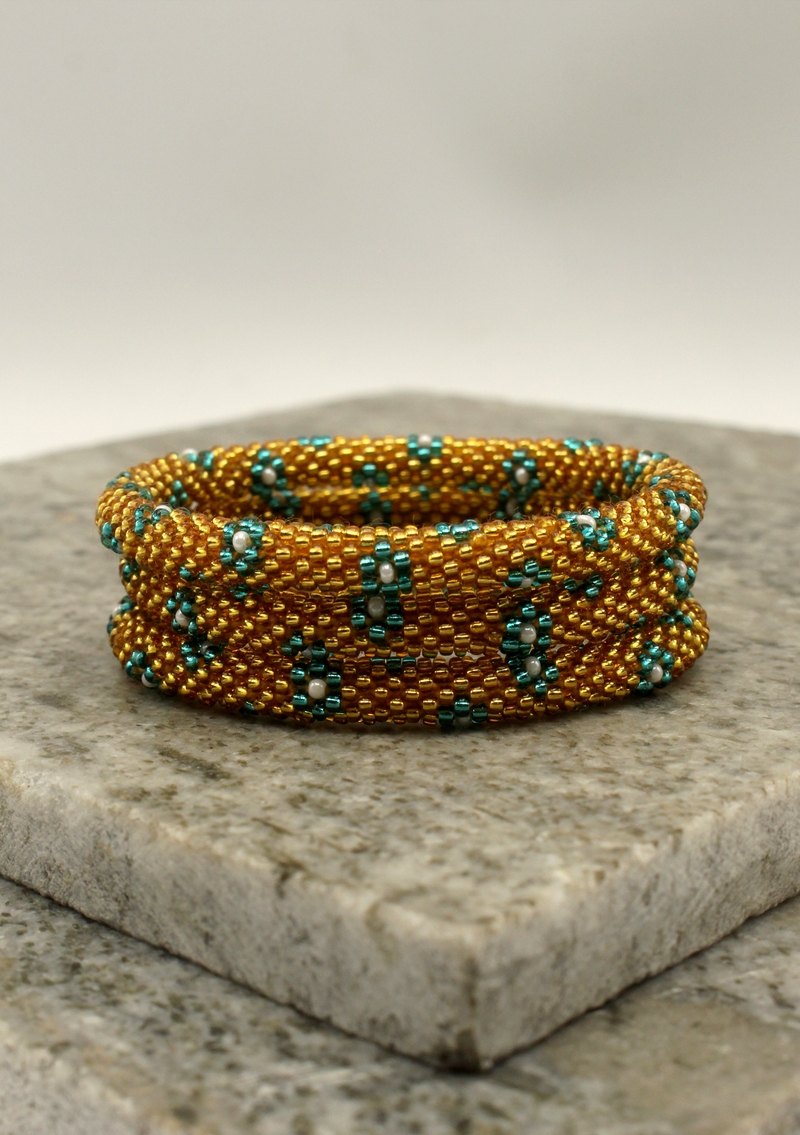 Golden Blue Flower Roll on Beads Bracelet