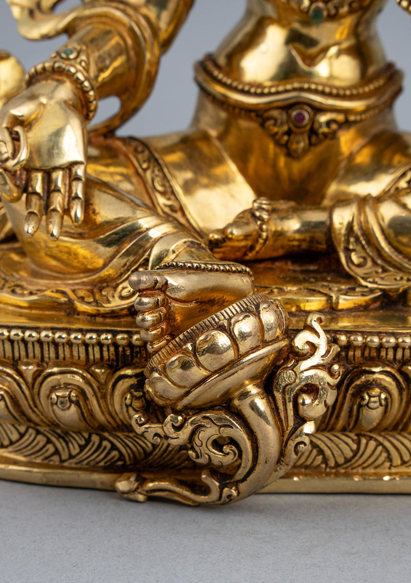 Fully Gold Plated Green Tara Statue with Stone Inlays 9.5"H