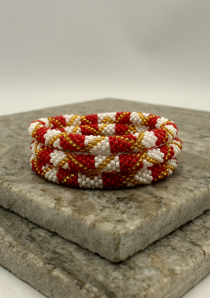 Golden Red White  Stripe Roll Beads Bracelet