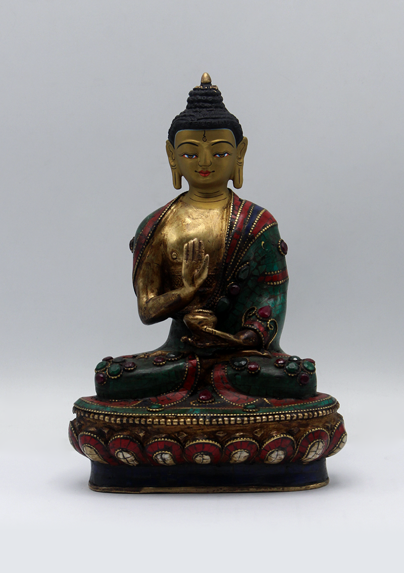 Stone Inlaid Copper Amogasiddhi Buddha Statue 8.5"H