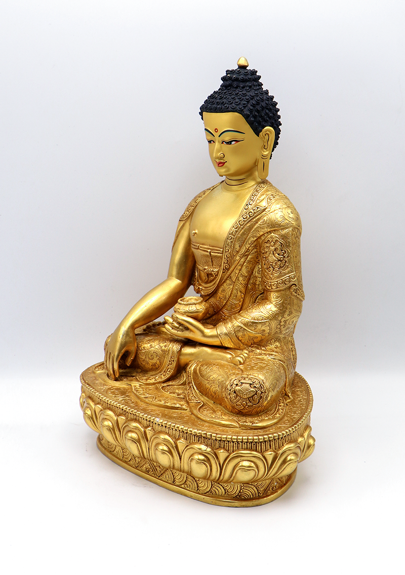Eight Auspicious Symbols Carved Gold Plated Shakyamuni Buddha Statue 13" H