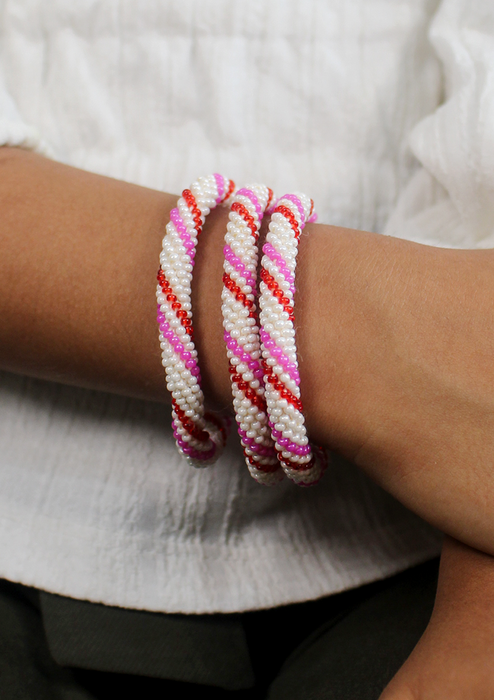 Red White Stripe Nepalese Roll on Beads Bracelet for Kids