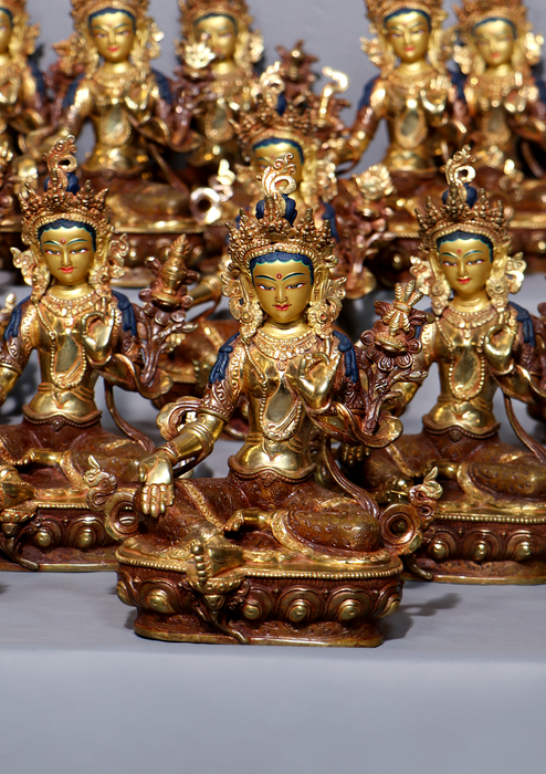 21 Tara Set Partly Goldplated Copper Statue 9" H