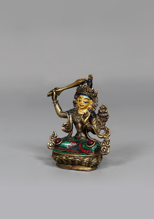 Stone Inlaid Copper Manjushree Statue 3.25" H