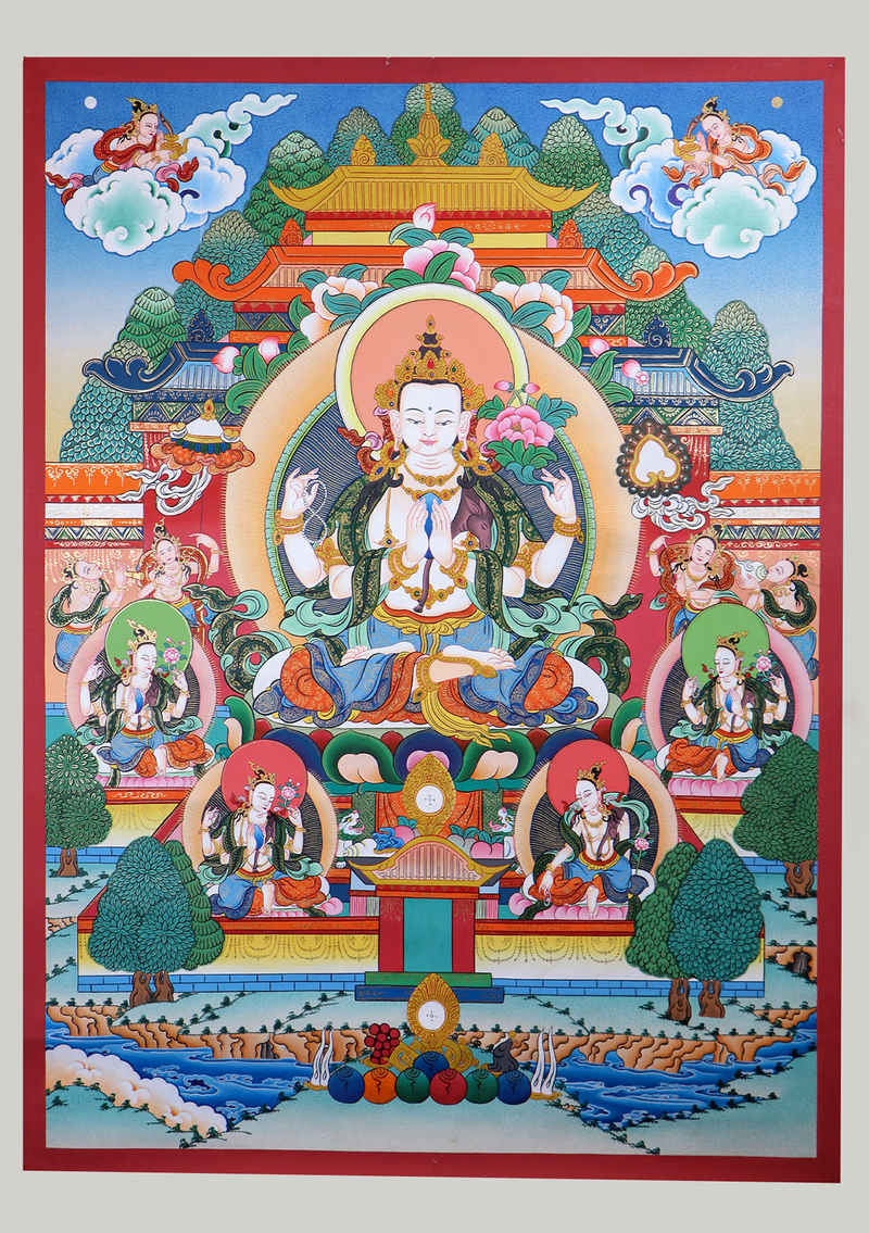 God of Compassion Chenrezig Tibetan Thangka Painting