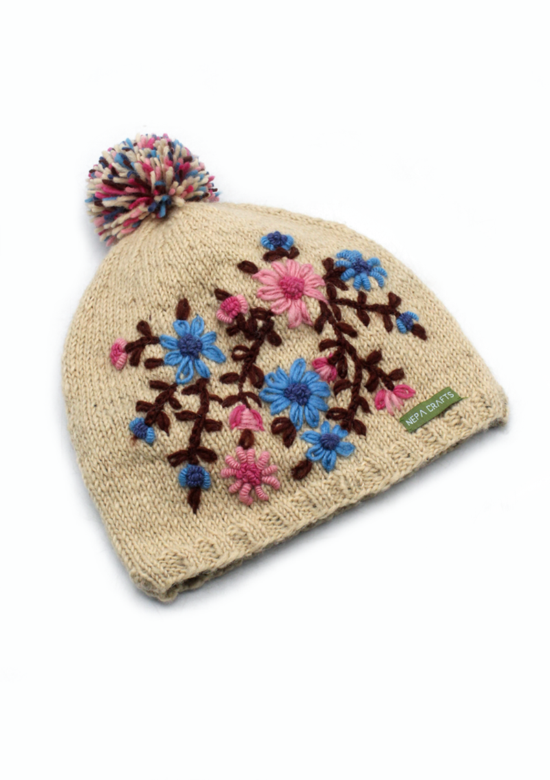 Flower Patterned Off-White Sherpa Pom Pom Beanie