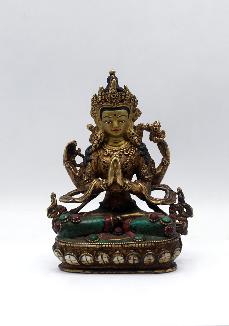 Stone Inlaid Copper Chenrezig Statue 5.5"H