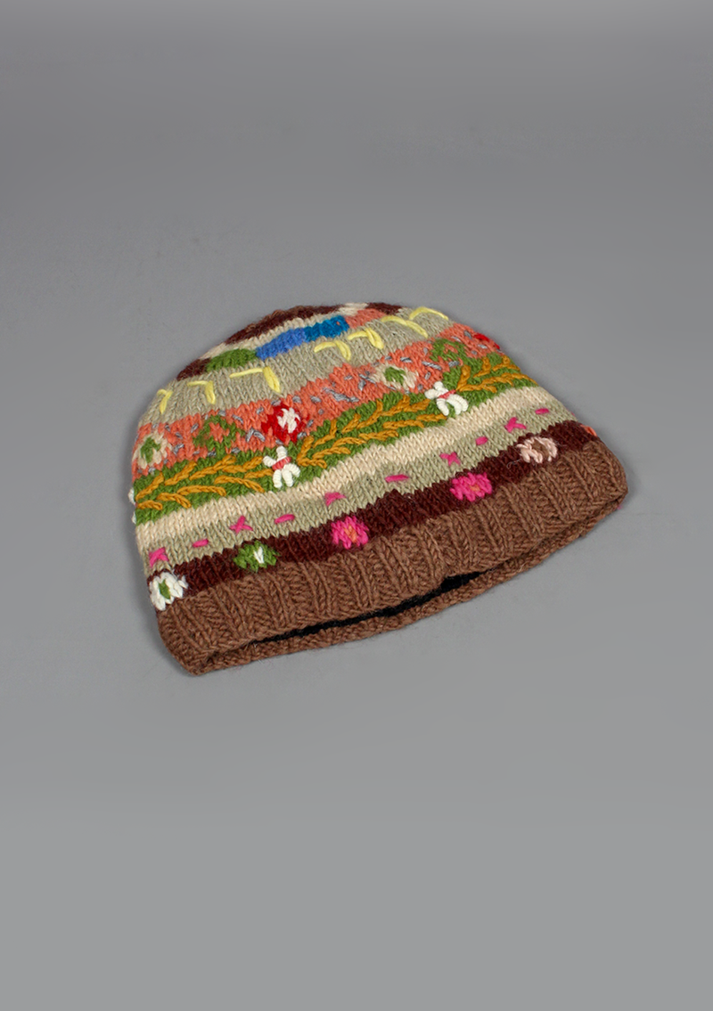 Handknitted Earthy Tone Flower Pattern Woolen Beanie