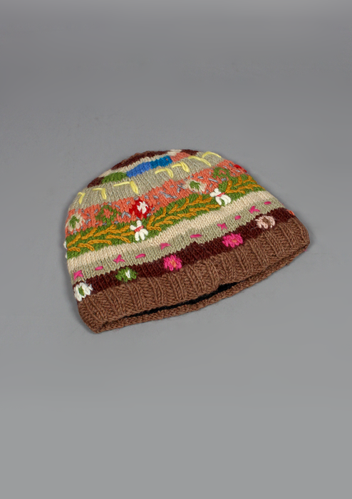 Handknitted Earthy Tone Flower Pattern Woolen Beanie