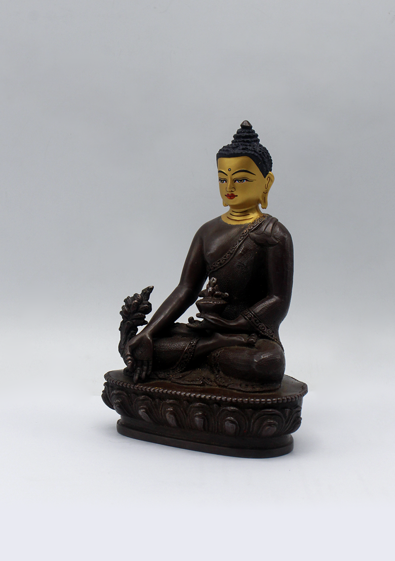 Gold Face Painted Copper Medicine Buddha Statue 5.5"H