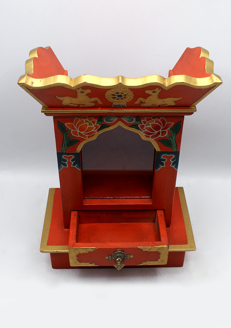 The Three Jewels Tibetan Wooden Shrine Altar Box with Glass