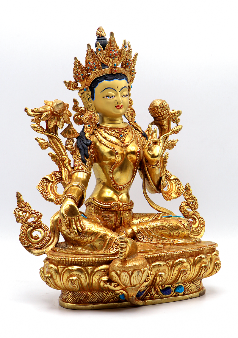Green Tara 24 K Gold  Stone Inlaid  Copper Statue 12"H