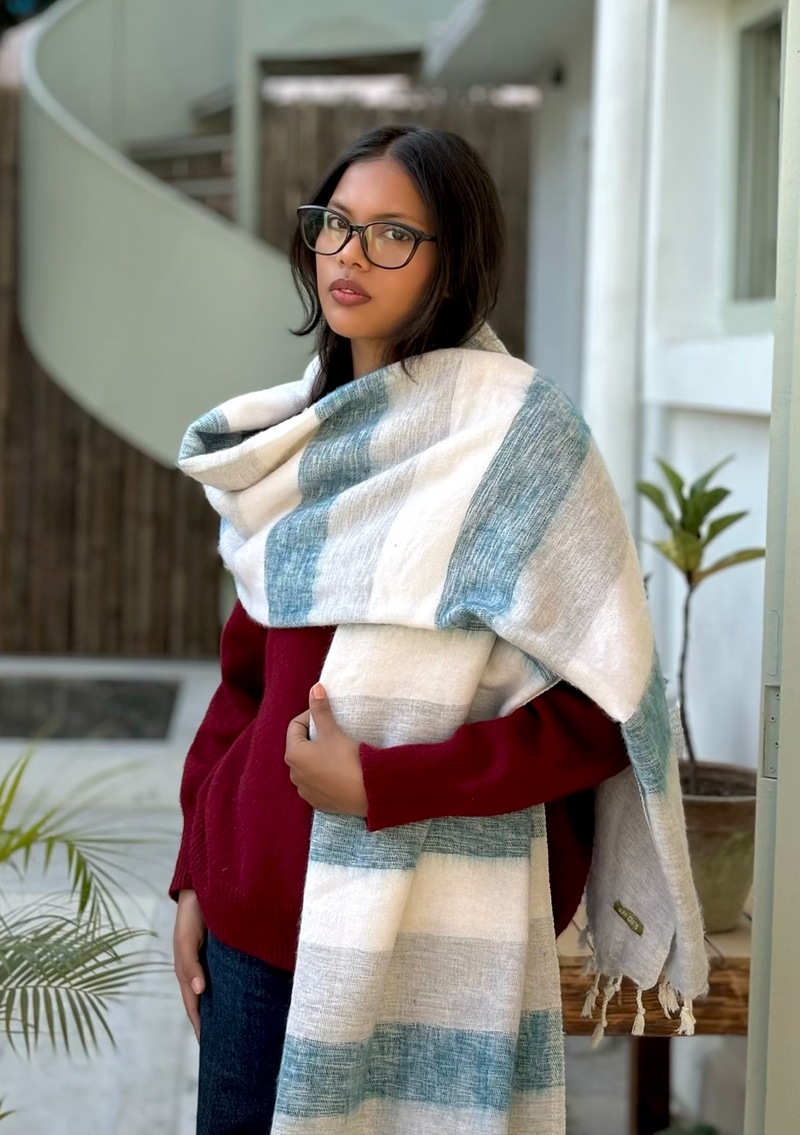 Hand-loomed Beige Blue  Yak Wool Blanket