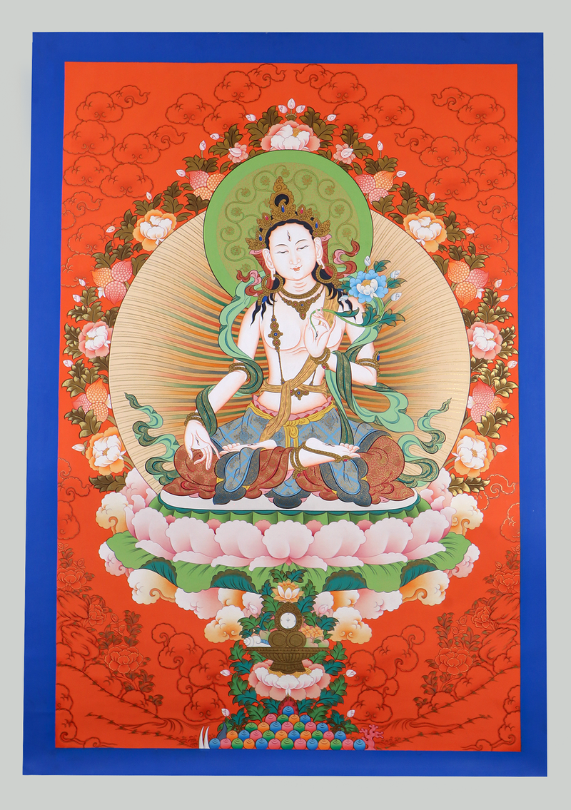 White Tara Thangka Painting Red Background
