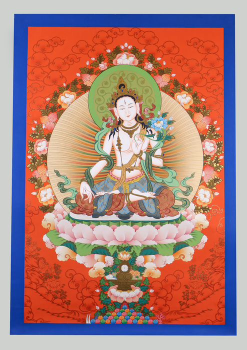 White Tara Thangka Painting Red Background