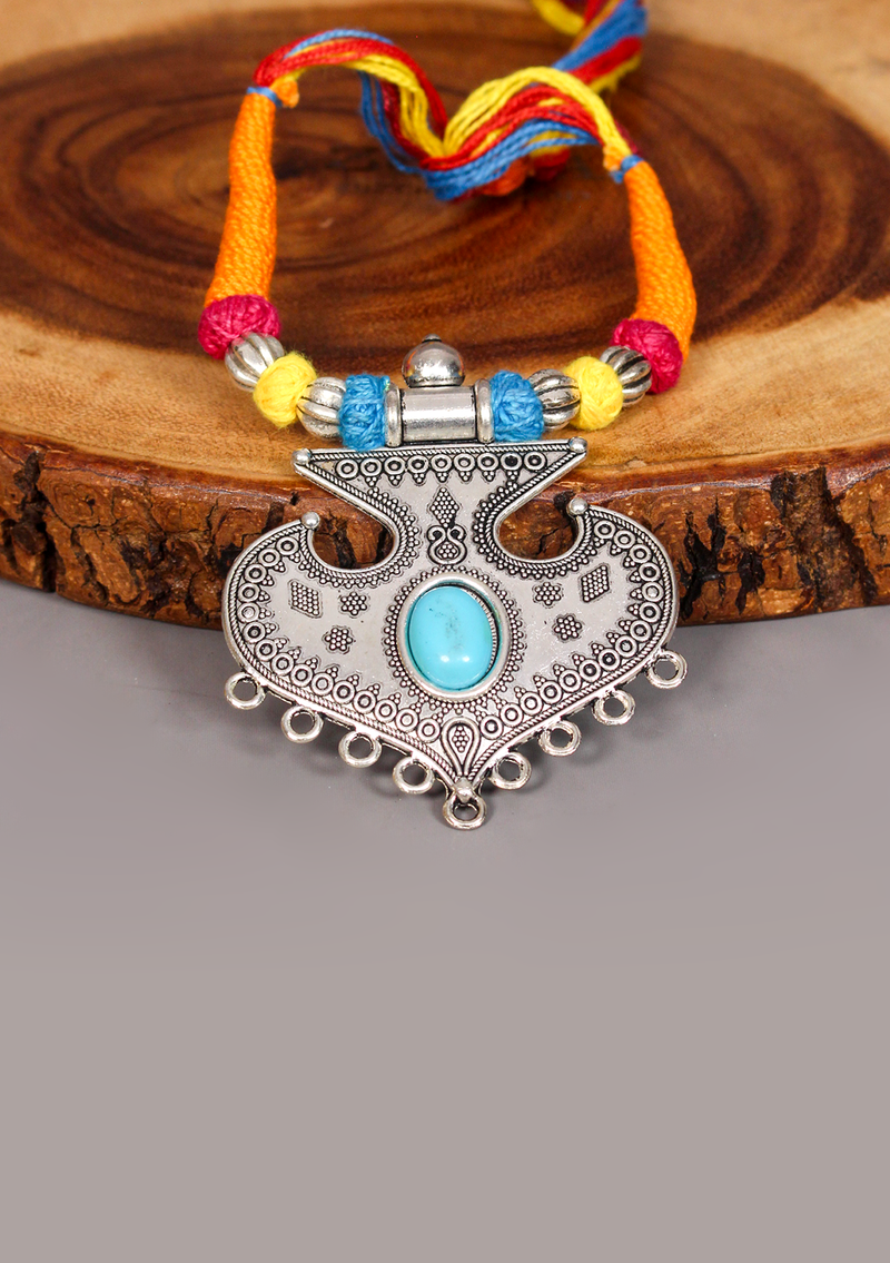 Elegant White Metal Tribal Style Pendant with Stone from Nepal