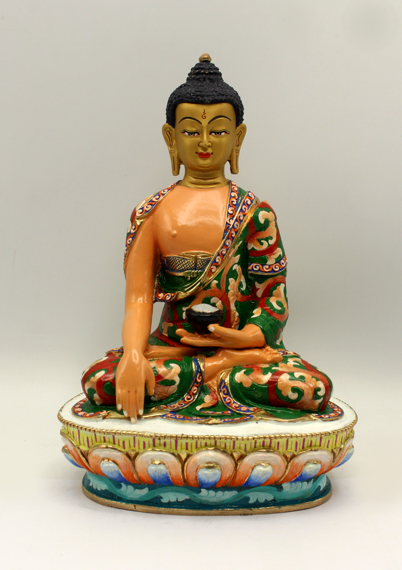 Partly Gold Plated Floral Motif Painted Shakyamuni Buddha Statue 8"H