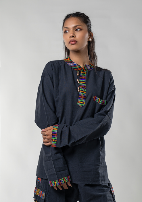 Bhutanese Pattern Cotton Kurta  Shirt - Black
