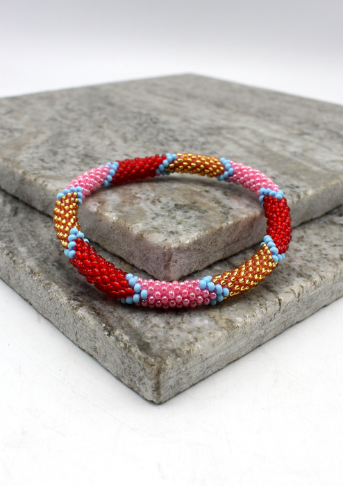 Red Pink Stripe Nepalese Roll on Beads Bracelet