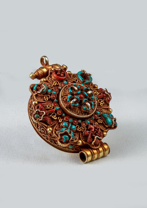 925 Silver Tibetan Ghau with Gold Plating - Double Dorjee & Eight Auspicious Symbols