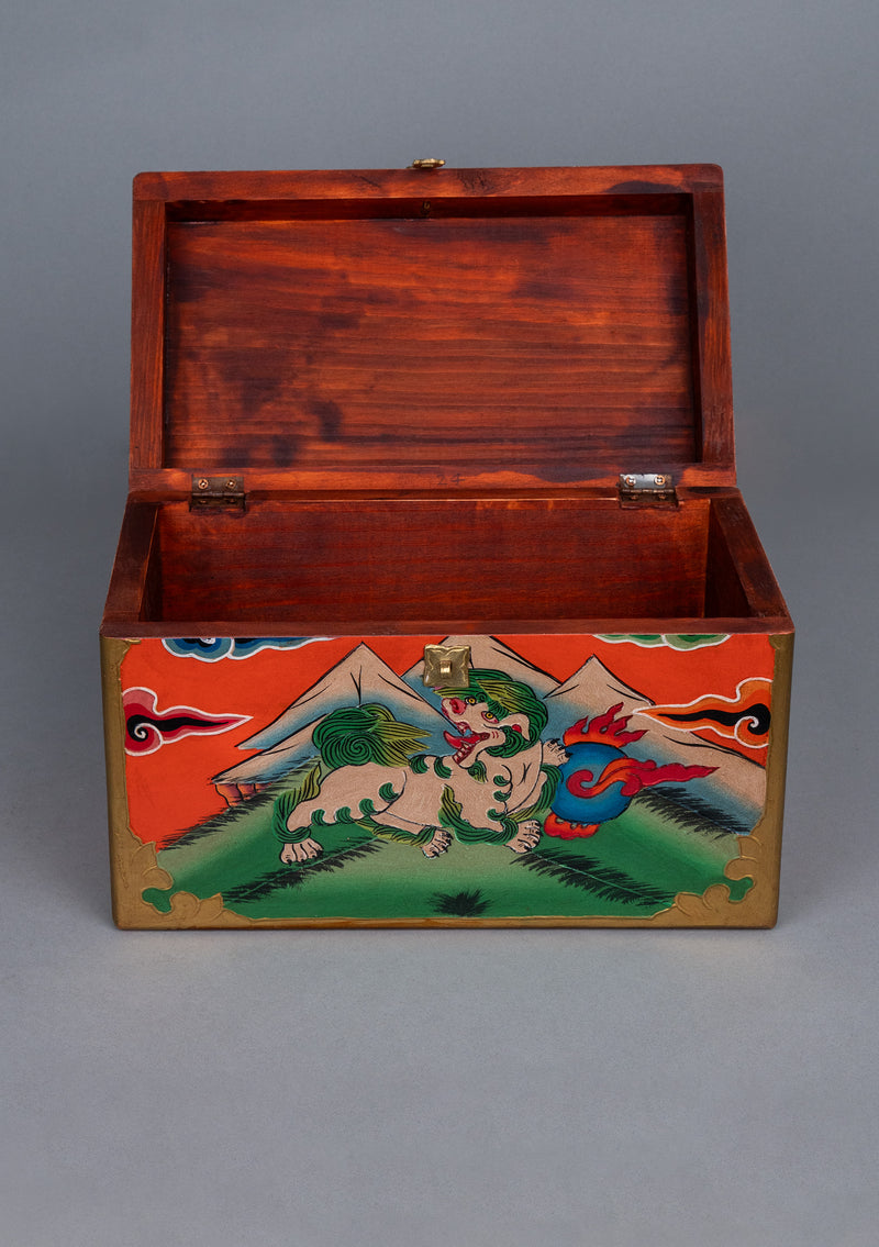 Handpainted Tibetan Snow Lion & Doube Dorjee Wooden Altar Box