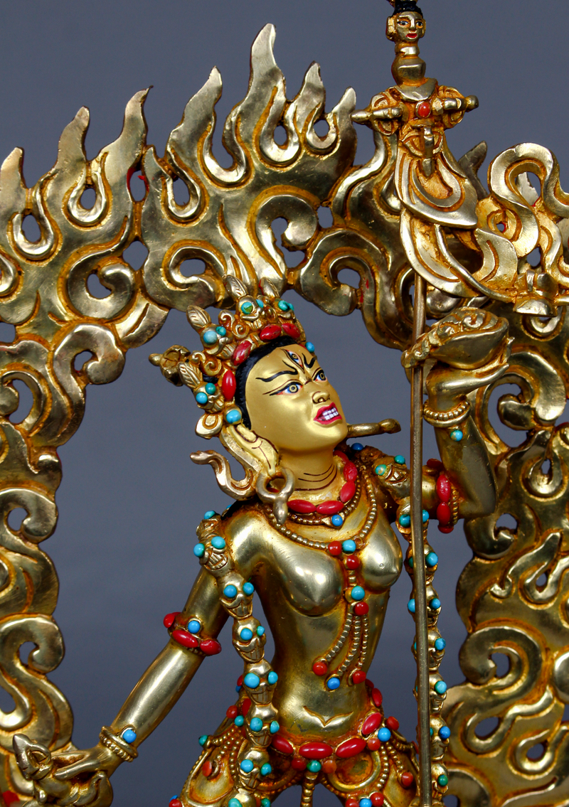 24K Gold-Gilded Vajrayogini Statue with Turquoise & Coral Inlay – 10.5"