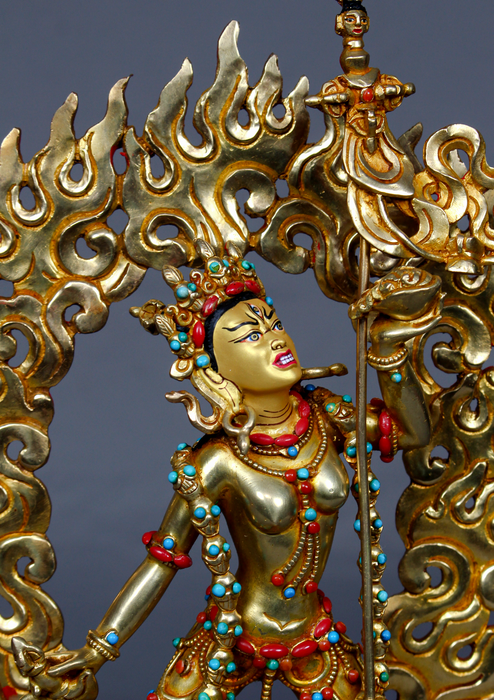 24K Gold-Gilded Vajrayogini Statue with Turquoise & Coral Inlay – 10.5"