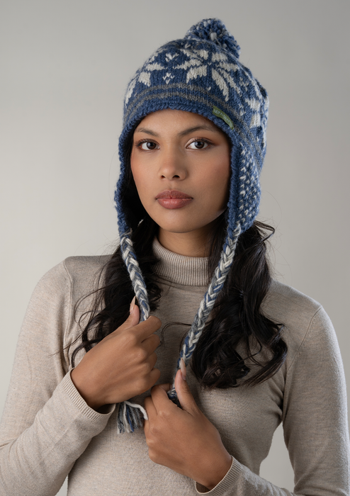 Hand Knitted  Snowfalke Blue Sherpa  Cap