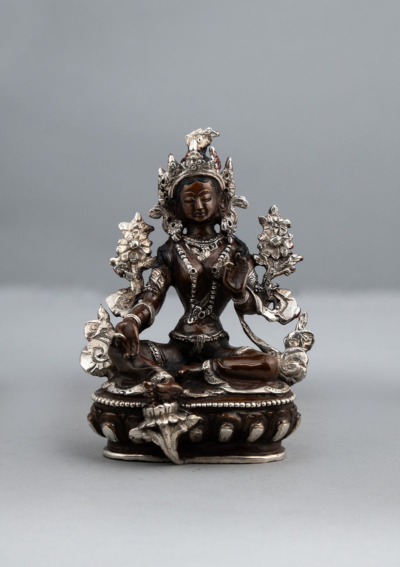 Silver Copper Green Tara Statue 5.5"H