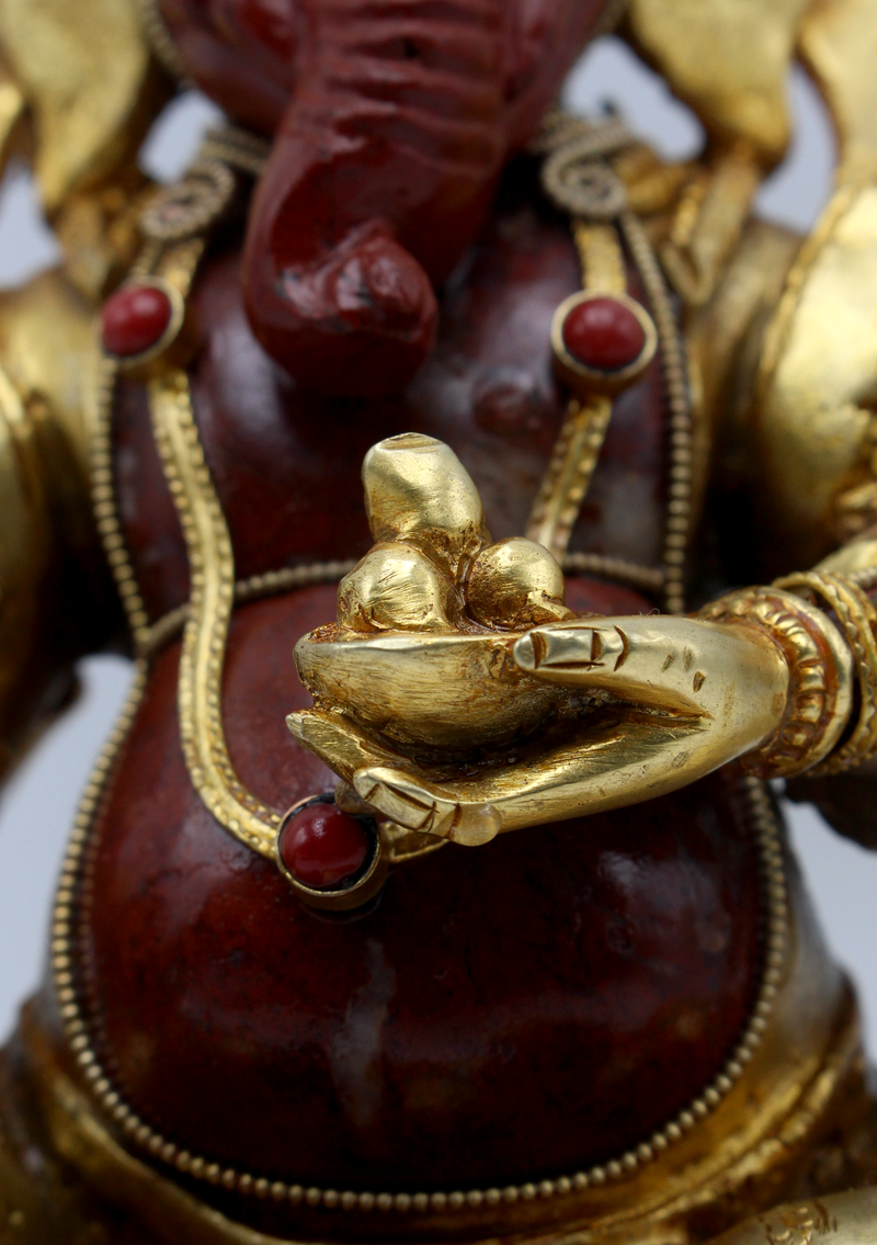 Coral  Jasper Gold Plated Ganesha Statue 8"H