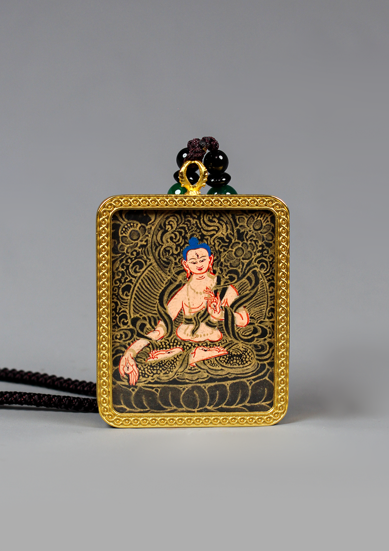 White Tara  Mini  Thangka Painting Black Gold Amulet