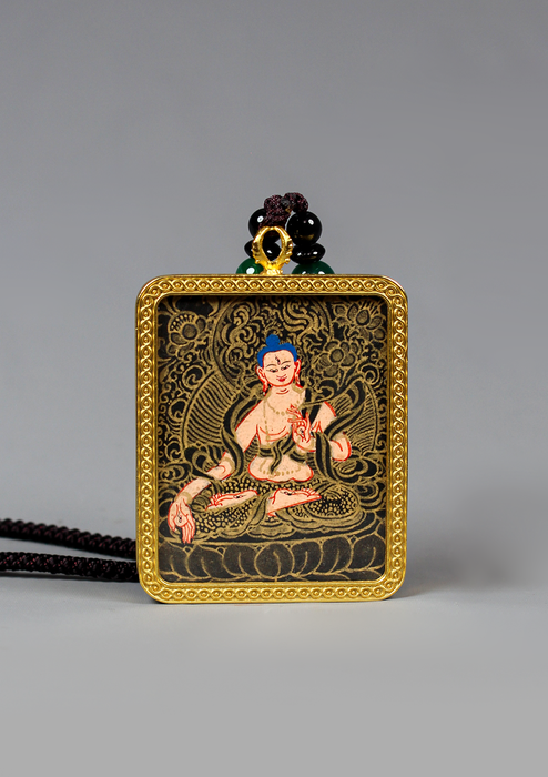 White Tara  Mini  Thangka Painting Black Gold Amulet