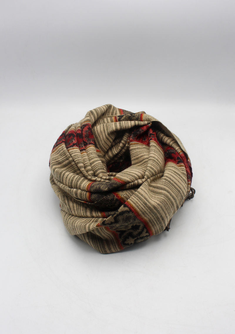 Hand loomed Maroon Brown Lined Woolen Shawl Nepal- Saugat
