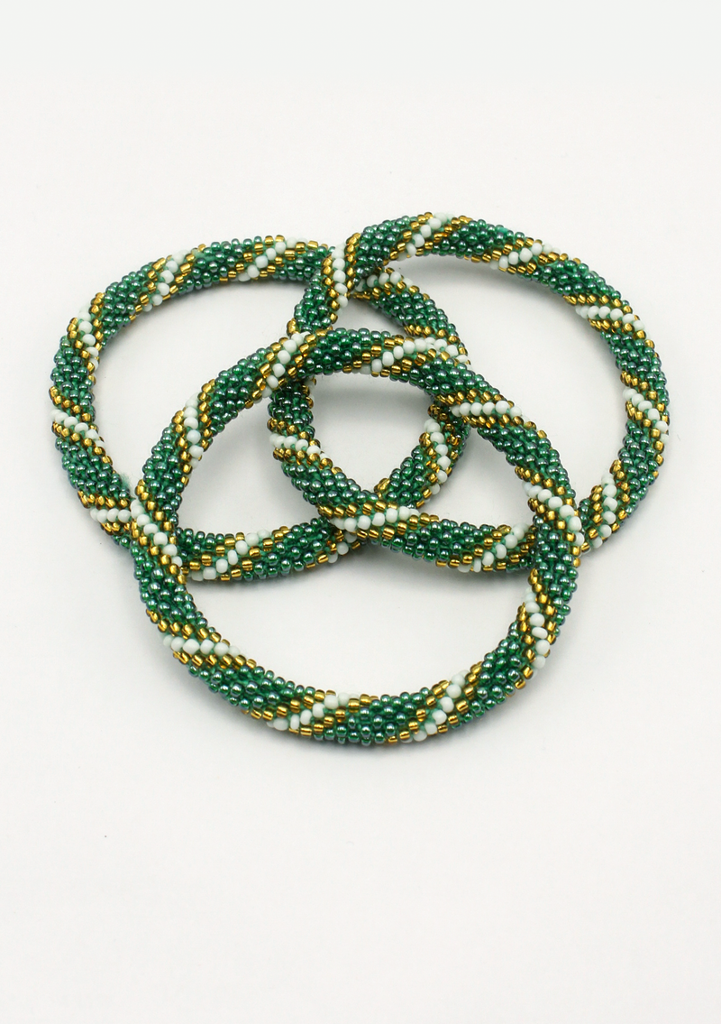 Green Gold White Stripe Roll on Beads Bracelet