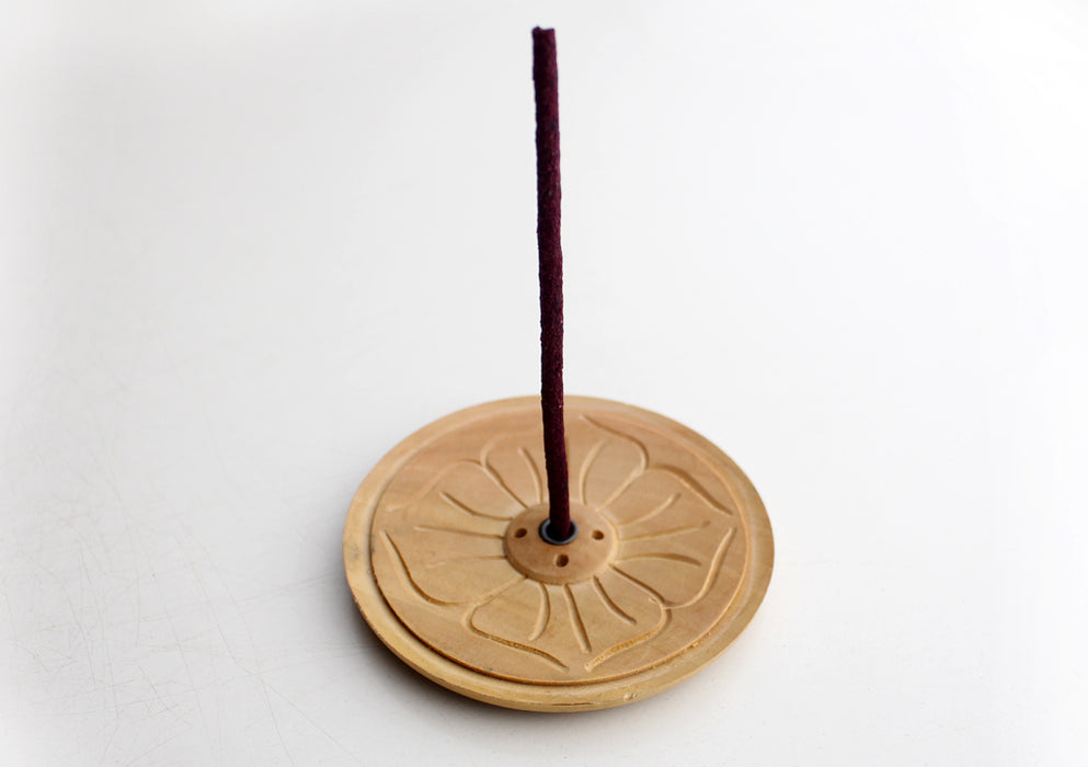 Four Petals Flower Carved Round Tibetan Wooden Incense Burner