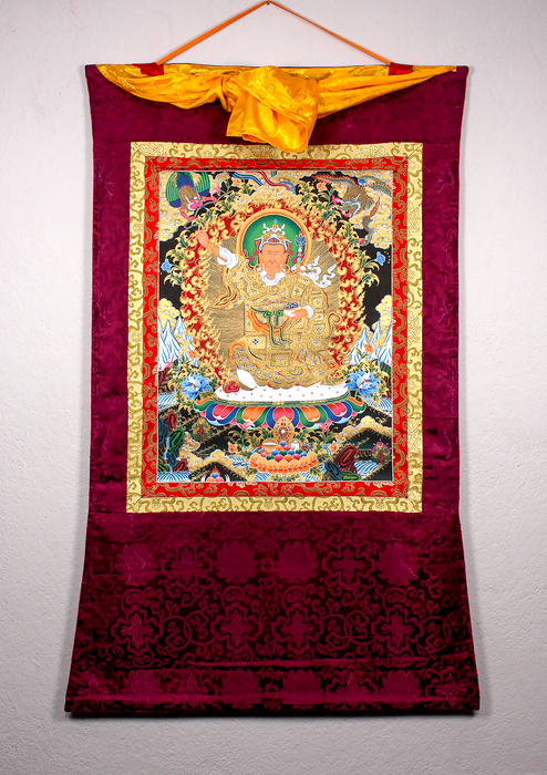 Traditional Standing Guru Rinpoche Brocade Thangka
