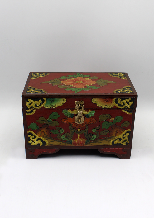 Handpainted Tibetan Red Flower Wooden Box with Parasol- Large