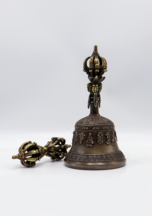 Tibetan Bell and Dorjee Set in a Copper Case with White Metal Carvings