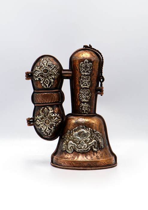 Tibetan Bell and Dorjee Set in a Copper Case with White Metal Carvings