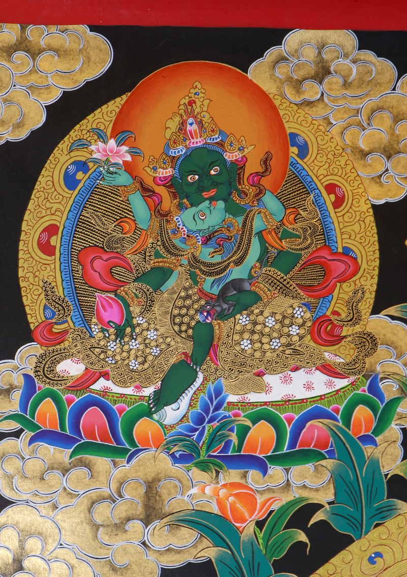Black Gold 24 K Yellow Jambhala Thangka Painting